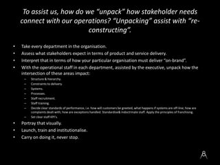 To assist us, how do we “unpack” how stakeholder needs
connect with our operations? “Unpacking” assist with “re-
constructing”.
• Take every department in the organisation.
• Assess what stakeholders expect in terms of product and service delivery.
• Interpret that in terms of how your particular organisation must deliver “on-brand”.
• With the operational staff in each department, assisted by the executive, unpack how the
intersection of these areas impact:
– Structure & hierarchy.
– Constraints to delivery.
– Systems.
– Processes.
– Staff recruitment.
– Staff training.
– Decide clear standards of performance, i.e. how will customers be greeted, what happens if systems are off-line; how are
complaints dealt with; how are exceptions handled. Standardise& indoctrinate staff. Apply the principles of franchising.
– Set clear staff KPI’s.
• Portray that visually.
• Launch, train and institutionalise.
• Carry on doing it, never stop.
 