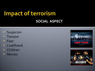 SOCIAL ASPECT

•   Suspicion
•   Tension
•   Fear
•   Livelihood
•   Children
•   Movies
 