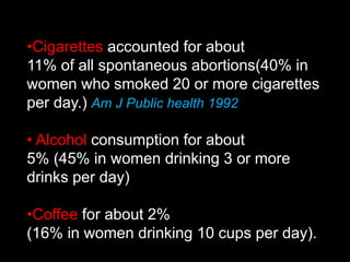 •Cigarettes accounted for about
11% of all spontaneous abortions(40% in
women who smoked 20 or more cigarettes
per day.) Am J Public health 1992
• Alcohol consumption for about
5% (45% in women drinking 3 or more
drinks per day)
•Coffee for about 2%
(16% in women drinking 10 cups per day).
 