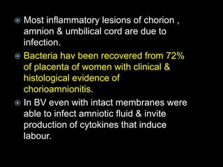  Most inflammatory lesions of chorion ,
amnion & umbilical cord are due to
infection.
 Bacteria hav been recovered from 72%
of placenta of women with clinical &
histological evidence of
chorioamnionitis.
 In BV even with intact membranes were
able to infect amniotic fluid & invite
production of cytokines that induce
labour.
 