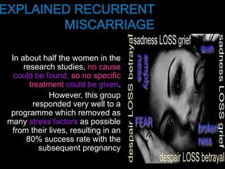 In about half the women in the
research studies, no cause
could be found, so no specific
treatment could be given.
However, this group
responded very well to a
programme which removed as
many stress factors as possible
from their lives, resulting in an
80% success rate with the
subsequent pregnancy
 