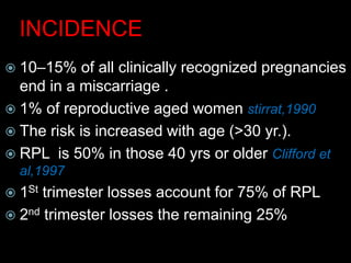 INCIDENCE
 10–15% of all clinically recognized pregnancies
end in a miscarriage .
 1% of reproductive aged women stirrat,1990
 The risk is increased with age (>30 yr.).
 RPL is 50% in those 40 yrs or older Clifford et
al,1997
 1St trimester losses account for 75% of RPL
 2nd trimester losses the remaining 25%
 