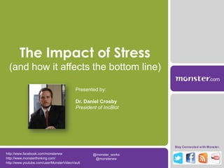 The Impact of Stress
 (and how it affects the bottom line)

                                          Presented by:

                                          Dr. Daniel Crosby
                                          President of IncBlot




                                                                   Stay Connected w ith Monster.

http://www.facebook.com/monsterww                 @monster_works
http://www.monsterthinking.com/                    @monsterww
http://www.youtube.com/user/MonsterVideoVault
 