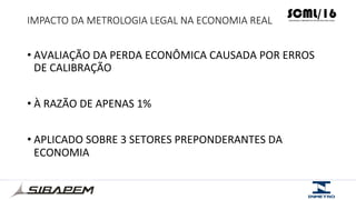 IMPACTO  DA  METROLOGIA  LEGAL  NA  ECONOMIA  REAL
• AVALIAÇÃO	
  DA	
  PERDA	
  ECONÔMICA	
  CAUSADA	
  POR	
  ERROS	
  
DE	
  CALIBRAÇÃO	
  
	
  	
  
• À	
  RAZÃO	
  DE	
  APENAS	
  1%	
  
	
  
• APLICADO	
  SOBRE	
  3	
  SETORES	
  PREPONDERANTES	
  DA	
  
ECONOMIA	
  
	
  
 