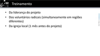 TreinamentoDa liderança do projetoDos voluntários radicais (simultaneamente em regiões diferentes)Da igreja local (1 mês antes do projeto)