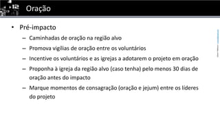 OraçãoPré-impactoCaminhadas de oração na região alvoPromova vigílias de oração entre os voluntáriosIncentive os voluntários e as igrejas a adotarem o projeto em oraçãoProponha à igreja da região alvo (caso tenha) pelo menos 30 dias de oração antes do impactoMarque momentos de consagração (oração e jejum) entre os líderes do projeto