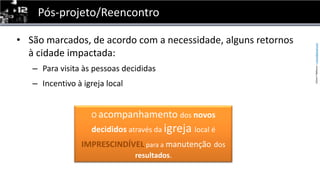 Pós-projeto/ReencontroSão marcados, de acordo com a necessidade, algunsretornos à cidadeimpactada:Para visitaàspessoasdecididasIncentivo à igreja localO acompanhamentodos novos decididos através da igreja local é IMPRESCINDÍVELpara amanutençãodos resultados.