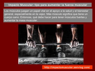 http://impactomuscular.senvlog.com/
Impacto Muscular: tips para aumentar la fuerza muscular
Los músculos juegan un papel vital en el apoyo a la salud y el bienestar
general, especialmente en la vejez. Más músculo significa que tiene un
cuerpo sano. Entonces, qué debe hacer para tener músculos fuertes y
aumentar la masa muscular.
 