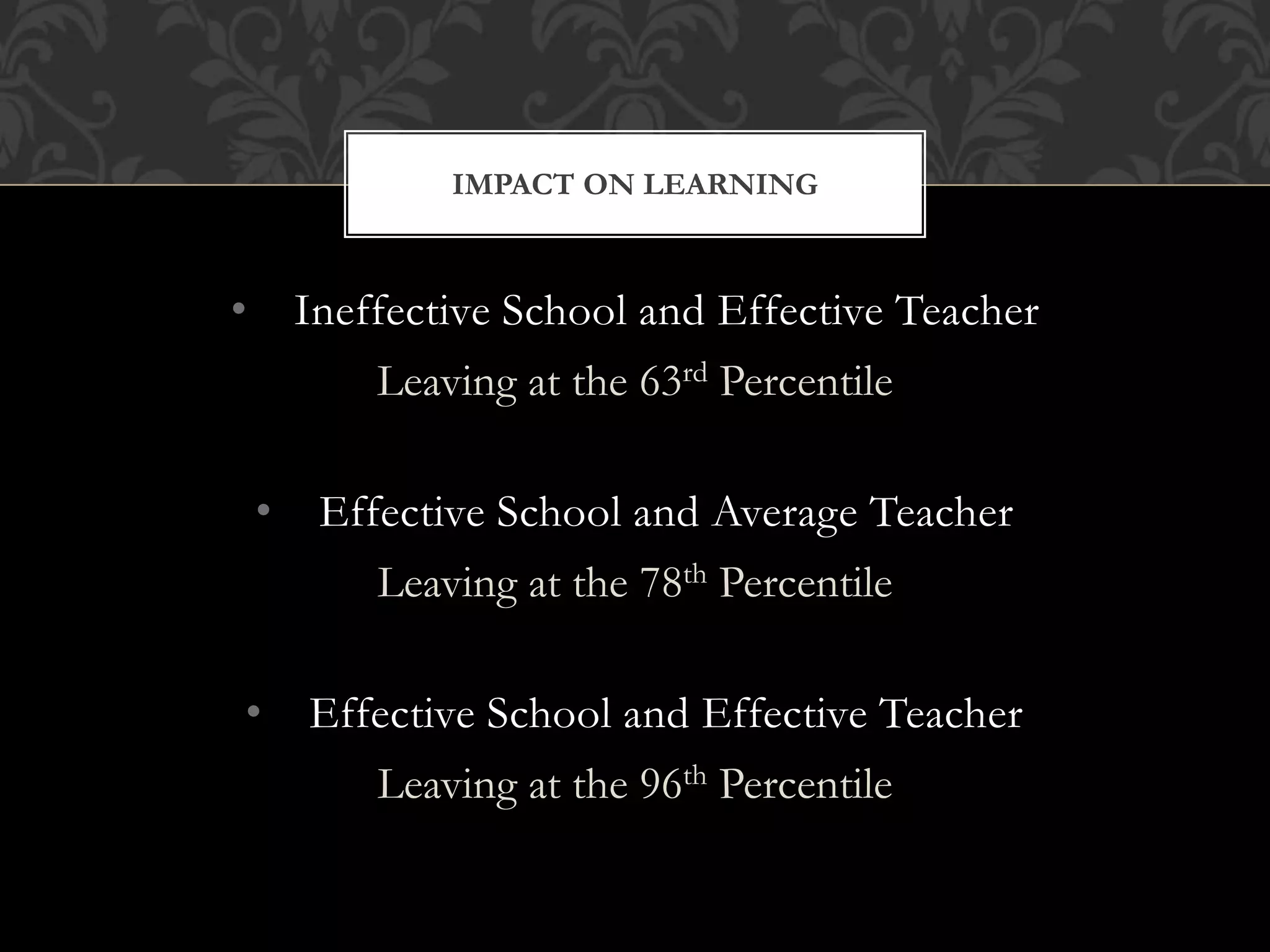 • Ineffective School and Effective Teacher
Leaving at the 63rd Percentile
• Effective School and Average Teacher
Leaving at the 78th Percentile
• Effective School and Effective Teacher
Leaving at the 96th Percentile
IMPACT ON LEARNING
 