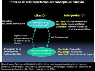 Moya Anegón, Felix de. Análisis bibliométrico de los resultados de investigación en ciencias
sociales y humanidades: limitaciones y oportunidades. Apresentação realizada no "Seminário de
Comunicação Científica, São Paulo, 13 de junho de 2008".
 