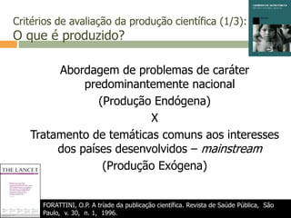 Critérios de avaliação da produção científica (1/3):
O que é produzido?
Abordagem de problemas de caráter
predominantemente nacional
(Produção Endógena)
X
Tratamento de temáticas comuns aos interesses
dos países desenvolvidos – mainstream
(Produção Exógena)
FORATTINI, O.P. A tríade da publicação científica. Revista de Saúde Pública, São
Paulo, v. 30, n. 1, 1996.
 
