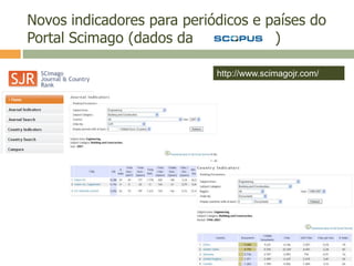 Novos indicadores para periódicos e países do
Portal Scimago (dados da )
http://www.scimagojr.com/
 