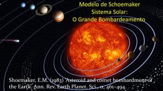 Shoemaker, E.M. (1983) ‘Asteroid and comet bombardment of
the Earth’. Ann. Rev. Earth Planet. Sci., 11, 461–494.
Modelo de Schoemaker
Sistema Solar:
O Grande Bombardeamento
 
