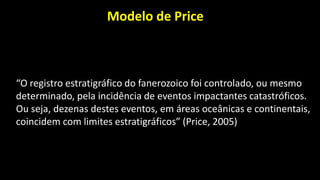 Modelo de Price
“O registro estratigráfico do fanerozoico foi controlado, ou mesmo
determinado, pela incidência de eventos impactantes catastróficos.
Ou seja, dezenas destes eventos, em áreas oceânicas e continentais,
coincidem com limites estratigráficos” (Price, 2005)
 