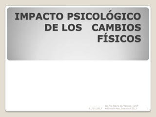 IMPACTO PSICOLÓGICO
DE LOS CAMBIOS
FÍSICOS
01/07/2013
Lic.Pis-Elaine de Vargas- CeRP
Atlántida-Psic.Evolutiva 2012 1
 