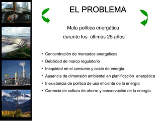 Concentración de mercados energéticos  Debilidad de marco regulatorio  Inequidad en el consumo y costo de energía  Ausencia de dimensión ambiental en planificación  energética  Inexistencia de política de uso eficiente de la energía Carencia de cultura de ahorro y conservación de la energía EL PROBLEMA   Mala política energética  durante los  últimos 25 años 