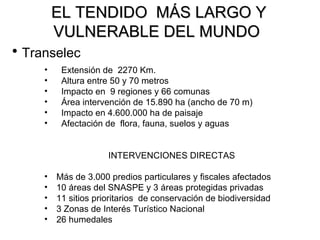 Extensión de  2270 Km. Altura entre 50 y 70 metros Impacto en  9 regiones y 66 comunas  Área intervención de 15.890 ha (ancho de 70 m) Impacto en 4.600.000 ha de paisaje Afectación de  flora, fauna, suelos y aguas  INTERVENCIONES DIRECTAS  Más de 3.000 predios particulares y fiscales afectados 10 áreas del SNASPE y 3 áreas protegidas privadas 11  sitios prioritarios  de conservación de biodiversidad  3 Zonas de Interés Turístico Nacional  26  humedales Transelec   EL TENDIDO  MÁS LARGO Y VULNERABLE DEL MUNDO  