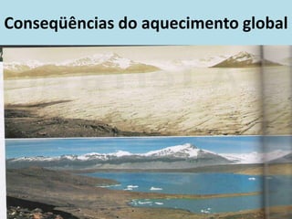 Conseqüências do aquecimento global
• Derretimento das geleiras
 