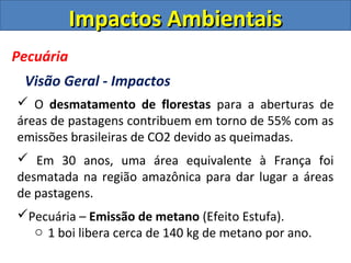Impactos AmbientaisImpactos Ambientais
Pecuária
Visão Geral - Impactos
 O desmatamento de florestas para a aberturas de
áreas de pastagens contribuem em torno de 55% com as
emissões brasileiras de CO2 devido as queimadas.
 Em 30 anos, uma área equivalente à França foi
desmatada na região amazônica para dar lugar a áreas
de pastagens.
Pecuária – Emissão de metano (Efeito Estufa).
o 1 boi libera cerca de 140 kg de metano por ano.
 