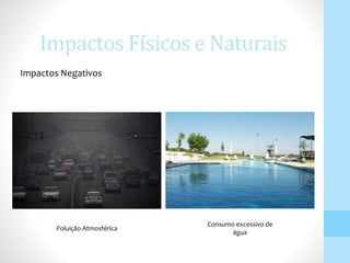 Impactos Físicos e Naturais
Poluição Atmosférica
Consumo excessivo de
água
Impactos Negativos
 