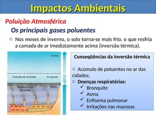 o Nos meses de inverno, o solo torna-se mais frio, o que resfria
a camada de ar imediatamente acima (inversão térmica).
Conseqüências da inversão térmica
o Acúmulo de poluentes no ar das
cidades;
o Doenças respiratórias:
 Bronquite
 Asma
 Enfisema pulmonar
 Irritações nas mucosas
Impactos Ambientais
Impactos Ambientais
Poluição Atmosférica
Os principais gases poluentes
 