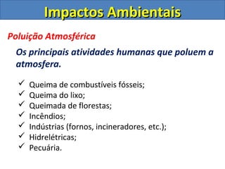 Impactos Ambientais
Poluição Atmosférica
 Os principais atividades humanas que poluem a
 atmosfera.
     Queima de combustíveis fósseis;
     Queima do lixo;
     Queimada de florestas;
     Incêndios;
     Indústrias (fornos, incineradores, etc.);
     Hidrelétricas;
     Pecuária.
 