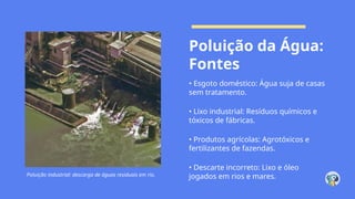 Poluição industrial: descarga de águas residuais em rio.
Poluição da Água:
Fontes
• Esgoto doméstico: Água suja de casas
sem tratamento.
• Lixo industrial: Resíduos químicos e
tóxicos de fábricas.
• Produtos agrícolas: Agrotóxicos e
fertilizantes de fazendas.
• Descarte incorreto: Lixo e óleo
jogados em rios e mares.
 