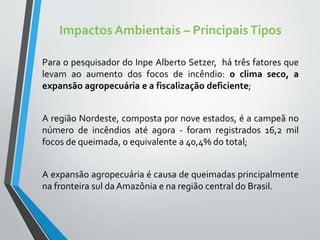 Impactos Ambientais – PrincipaisTipos
Para o pesquisador do Inpe Alberto Setzer, há três fatores que
levam ao aumento dos focos de incêndio: o clima seco, a
expansão agropecuária e a fiscalização deficiente;
A região Nordeste, composta por nove estados, é a campeã no
número de incêndios até agora - foram registrados 16,2 mil
focos de queimada, o equivalente a 40,4% do total;
A expansão agropecuária é causa de queimadas principalmente
na fronteira sul da Amazônia e na região central do Brasil.
 