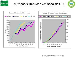Nutrição x Redução emissão de GEE

               Desenvolvimento novilhos a pasto                                                          Emissao de metano por novilhos a pasto

          PV-43m       PV-39m             PV-26m          PV-20m                                     CH4-43m            CH4-39m             CH4-26m       CH4-20m

                                                                                                                                                          140
         500




                                                                   CH4 ruminal total, kg/450 kg PV
         450                                                                                                                                              120
         400
                                                                                                                                                          100
         350
         300                                                                                                                                              80
PV, kg




         250
                                                                                                                                                          60
         200
         150                                                                                                                                              40
         100
                                                                                                                                                          20
          50
           0                                                                                                                                              0
                   4
                       8
               0




                                                    32
                                                         36
                           12
                                16
                                     20
                                          24
                                               28




                                                              40




                                                                                                     0
                                                                                                          4
                                                                                                              8
                                                                                                                  12
                                                                                                                       16
                                                                                                                            20
                                                                                                                                 24
                                                                                                                                      28
                                                                                                                                           32
                                                                                                                                                36
                                                                                                                                                     40
                           Idade abate, meses                                                                     Idade de abate, meses




                                                                                                     Barioni, 2009. Embrapa Cerrados.
 