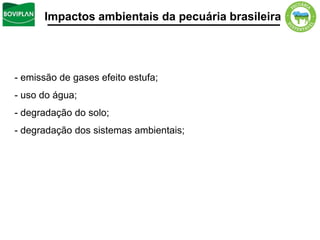 Impactos ambientais da pecuária brasileira




- emissão de gases efeito estufa;
- uso do água;
- degradação do solo;
- degradação dos sistemas ambientais;
 