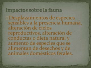 Desplazamientos de especies
sensibles a la presencia humana,
alteración de ciclos
reproductivos, alteración de
conductas o dieta natural y
aumento de especies que se
alimentan de desechos y de
animales domésticos ferales.
