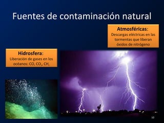 Fuentes de contaminación natural
Atmosféricas:
Descargas eléctricas en las
tormentas que liberan
óxidos de nitrógeno
Hidrosfera:
Liberación de gases en los
océanos: CO, CO2, CH4
10
Hidrosfera:
Liberación de gases en los
océanos: CO, CO2, CH4
 