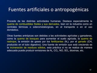Fuentes artificiales o antropogénicas
Procede de las distintas actividades humanas. Destaca especialmente la
quema de combustibles fósiles y sus derivados, bien en la industria como en
centrales térmicas o siderometalúrgicas, en el transporte o en el uso
doméstico.
Otras fuentes antrópicas son debidas a las actividades agrícolas y ganaderas,
como la quema de bosques para aumentar el suelo agrícola, la quema de
rastrojos, la emisión de gases por los fertilizantes (N2), por el ganado (CH4
producido en el tubo digestivo). Una fuente de emisión que está creciendo es
la incineración de residuos sólidos, esta práctica si no se realiza de manera
adecuada puede producir emisiones de N2, CO2, NO, SO3, dioxinas, etc.
12
 