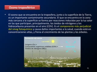 • El ozono que se encuentra en la troposfera, junto a la superficie de la Tierra,
es un importante contaminante secundario. El que se encuentra en la zona
más cercana a la superficie se forma por reacciones inducidas por la luz solar
en las que participan, principalmente, los óxidos de nitrógeno y los
hidrocarburos presentes en el aire (COV). Es el componente más perjudicial
del smog fotoquímico y causa daños importantes a la salud, cuando está en
concentraciones altas, y frena el crecimiento de las plantas y los árboles.
Ozono troposférico
31
 