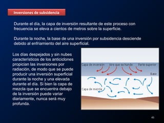 Inversiones de subsidencia
Los días despejados y sin nubes
característicos de los anticiclones
propician las inversiones por
radiación, de modo que se puede
producir una inversión superficial
durante la noche y una elevada
durante el día. Si bien la capa de
mezcla que se encuentra debajo
de la inversión puede variar
diariamente, nunca será muy
profunda.
Durante el día, la capa de inversión resultante de este proceso con
frecuencia se eleva a cientos de metros sobre la superficie.
Durante la noche, la base de una inversión por subsidencia desciende
debido al enfriamiento del aire superficial.
45
 