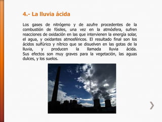 4.- La lluvia ácida
Los gases de nitrógeno y de azufre procedentes de la
combustión de fósiles, una vez en la atmósfera, sufren
reacciones de oxidación en las que intervienen la energía solar,
el agua, y oxidantes atmosféricos. El resultado final son los
ácidos sulfúrico y nítrico que se disuelven en las gotas de la
lluvia,    y     producen     la    llamada     lluvia   ácida.
Sus efectos son muy graves para la vegetación, las aguas
dulces, y los suelos.
 