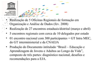 Realização de 5 Oficinas Regionais de formação em Organização e Análise de Dados (fev. 2008) Realização de 27 encontros estaduais/distrital (março e abril) 5 encontros regionais com cerca de 10 delegados por estado 01 encontro nacional com 300 participantes + GT Intra MEC, do GT interministerial e da CNAEJA Produção do Documento intitulado “Brasil – Educação e Aprendizagem de Jovens e Adultos ao Longo da Vida”, composto de três partes: diagnóstico nacional, desafios e recomendações para a EJA. 