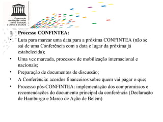 Processo CONFINTEA:  Luta para marcar uma data para a próxima CONFINTEA (não se sai de uma Conferência com a data e lugar da próxima já estabelecida); Uma vez marcada, processos de mobilização internacional e nacionais; Preparação de documentos de discussão; A Conferência: acordos financeiros sobre quem vai pagar o que; Processo pós-CONFINTEA: implementação dos compromissos e recomendações do documento principal da conferência (Declaração de Hamburgo e Marco de Ação de Belém) 