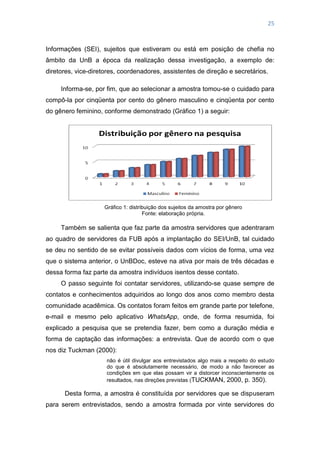 25
Informações (SEI), sujeitos que estiveram ou está em posição de chefia no
âmbito da UnB a época da realização dessa investigação, a exemplo de:
diretores, vice-diretores, coordenadores, assistentes de direção e secretários.
Informa-se, por fim, que ao selecionar a amostra tomou-se o cuidado para
compô-la por cinqüenta por cento do gênero masculino e cinqüenta por cento
do gênero feminino, conforme demonstrado (Gráfico 1) a seguir:
Gráfico 1: distribuição dos sujeitos da amostra por gênero
Fonte: elaboração própria.
Também se salienta que faz parte da amostra servidores que adentraram
ao quadro de servidores da FUB após a implantação do SEI/UnB, tal cuidado
se deu no sentido de se evitar possíveis dados com vícios de forma, uma vez
que o sistema anterior, o UnBDoc, esteve na ativa por mais de três décadas e
dessa forma faz parte da amostra indivíduos isentos desse contato.
O passo seguinte foi contatar servidores, utilizando-se quase sempre de
contatos e conhecimentos adquiridos ao longo dos anos como membro desta
comunidade acadêmica. Os contatos foram feitos em grande parte por telefone,
e-mail e mesmo pelo aplicativo WhatsApp, onde, de forma resumida, foi
explicado a pesquisa que se pretendia fazer, bem como a duração média e
forma de captação das informações: a entrevista. Que de acordo com o que
nos diz Tuckman (2000):
não é útil divulgar aos entrevistados algo mais a respeito do estudo
do que é absolutamente necessário, de modo a não favorecer as
condições em que elas possam vir a distorcer inconscientemente os
resultados, nas direções previstas (TUCKMAN, 2000, p. 350).
Desta forma, a amostra é constituída por servidores que se dispuseram
para serem entrevistados, sendo a amostra formada por vinte servidores do
 