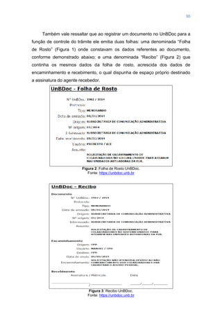 30
Também vale ressaltar que ao registrar um documento no UnBDoc para a
função de controle do trâmite ele emitia duas folhas: uma denominada ―Folha
de Rosto‖ (Figura 1) onde constavam os dados referentes ao documento,
conforme demonstrado abaixo; e uma denominada ―Recibo‖ (Figura 2) que
continha os mesmos dados da folha de rosto, acrescida dos dados de
encaminhamento e recebimento, o qual dispunha de espaço próprio destinado
a assinatura do agente recebedor.
Figura 2: Folha de Rosto UnBDoc.
Fonte: https://unbdoc.unb.br
Figura 3: Recibo UnBDoc.
Fonte: https://unbdoc.unb.br
 