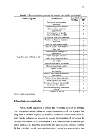 55
Quadro 4 – Demonstrativo da percepção dos usuários entrevistados (continuação)
Tema da pergunta Características Quantidade citações
UnBDoc SEI
Sugestões para melhoria do SEI
Aperfeiçoar ferramenta de
pesquisa
3
Aperfeiçoar tipos documentais 3
Menos janelas para criar
documentos
2
Oferecer curso de gestão
documental utilizando o SEI
2
Se organize igual caixa de e-mail 2
Auxiliar nos fluxos de processos
rotineiros
1
Avançar para área gerencial 1
Criar um sistema de metadados 1
Esta ideal 1
Ferramenta de alerta para o
destinatário
1
Inserir filtros para pesquisa 1
Inserir fluxograma automático 1
Mais simples 1
Melhorar capacitação do usuário 1
Melhorar suporte ao usuário 1
Menos ícones 1
Menos siglas 1
Políticas para prazo de retorno do
documento
1
Possua manual "passo a passo" 1
Rever cadastro dos perfis 1
Revisão contínua da classificação
e avaliação dos processos
1
Simplificar ferramenta "assinatura
externa"
1
Torná-lo um SIGAD 1
Fonte: elaboração própria
3.2 Avaliação dos resultados
Agora, dando sequência a análise dos resultados, seguem os gráficos
que representam as respostas e as respectivas análises conforme a ordem das
perguntas. A primeira resposta da entrevista confirma o vínculo institucional do
entrevistado, indicando se docente ou técnico administrativo. O percentual de
técnicos maior que o de docentes sugere que aqueles são mais acessíveis que
estes, posto que os docentes, geralmente, têm agendas mais intensas (Gráfico
2). Por outro lado, os técnicos administrativos, pela própria característica das
 