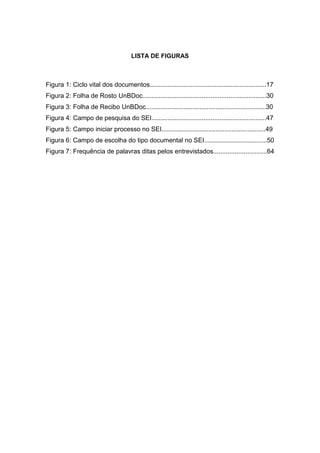 LISTA DE FIGURAS
Figura 1: Ciclo vital dos documentos.................................................................17
Figura 2: Folha de Rosto UnBDoc.....................................................................30
Figura 3: Folha de Recibo UnBDoc...................................................................30
Figura 4: Campo de pesquisa do SEI................................................................47
Figura 5: Campo iniciar processo no SEI..........................................................49
Figura 6: Campo de escolha do tipo documental no SEI...................................50
Figura 7: Frequência de palavras ditas pelos entrevistados..............................64
 