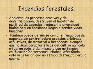 Incendios forestales.Aceleran los procesos erosivos y de desertificación, destruyen el hábitat de multitud de especies, reducen la diversidad biológica y en ocasiones llegan a perder vidas humanas.También puede definirse como: el fuego que se expande sin control sobre especies arbóreas, arbustivas, de matorral o herbáceas, siempre que no sean características del cultivo agrícola o fueren objeto del mismo y que no tengan calificación de terrenos urbanos, afectando esta vegetación que no estaba destinada para la quema.