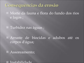 Morte da fauna e flora do fundo dos rios e lagos ; Turbidez nas águas ; Arraste de biocidas e adubos até os corpos d'água; Assoreamento; Instabilidade. 