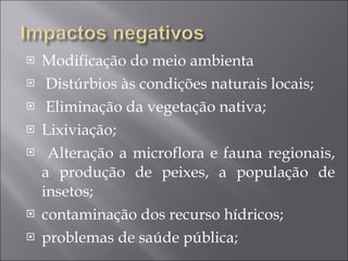 Modificação do meio ambienta Distúrbios às condições naturais locais; Eliminação da vegetação nativa; Lixiviação; Alteração a microflora e fauna regionais, a produção de peixes, a população de insetos; contaminação dos recurso hídricos; problemas de saúde pública; 