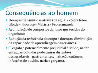 Conseqüências ao homem
 Doenças transmitidas através da água: - cólera febre
tifóide - Fluorose - Malária - Febre amarela
 Acumulação de compostos danosos nos tecidos do
organismo
 Redução da resistência do corpo a doenças, diminuição
da capacidade de aprendizagem das crianças.
 O esgoto é potencialmente prejudicial à saúde, nadar
em águas poluídas pode causar distúrbios
desagradáveis: gastrenterites, irritação cutâneas
infecções de ouvido, nariz e garganta.
 