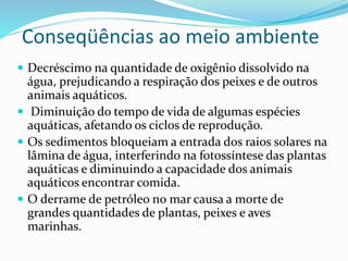 Conseqüências ao meio ambiente
 Decréscimo na quantidade de oxigênio dissolvido na
água, prejudicando a respiração dos peixes e de outros
animais aquáticos.
 Diminuição do tempo de vida de algumas espécies
aquáticas, afetando os ciclos de reprodução.
 Os sedimentos bloqueiam a entrada dos raios solares na
lâmina de água, interferindo na fotossíntese das plantas
aquáticas e diminuindo a capacidade dos animais
aquáticos encontrar comida.
 O derrame de petróleo no mar causa a morte de
grandes quantidades de plantas, peixes e aves
marinhas.
 