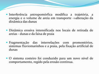  Interferência antropomórfica modifica a trajetória, a
energia e o volume de areia em transporte ->alteração da
dinâmica das dunas
 Dinâmica erosiva intensificada nos locais de retirada de
areias - dunas e da faixa de praia
 Fragmentação das interrelações com promontórios,
sistemas fluviomarinhos e a praia, pela fixação artificial de
dunas
 O sistema costeiro foi conduzido para um novo nível de
comportamento, regido pela erosão contínua.
 