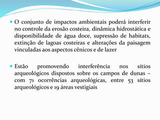  O conjunto de impactos ambientais poderá interferir
no controle da erosão costeira, dinâmica hidrostática e
disponibilidade de água doce, supressão de habitats,
extinção de lagoas costeiras e alterações da paisagem
vinculadas aos aspectos cênicos e de lazer
 Estão promovendo interferência nos sítios
arqueológicos dispostos sobre os campos de dunas –
com 71 ocorrências arqueológicas, entre 53 sítios
arqueológicos e 19 áreas vestigiais
 