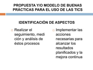 PROPUESTA Y/O MODELO DE BUENAS
PRÁCTICAS PARA EL USO DE LAS TICS


      IDENTIFICACIÓN DE ASPECTOS

   Realizar el             Implementar las
    seguimiento, medi        acciones
    ción y análisis de       necesarias para
    éstos procesos           alcanzar los
                             resultados
                             planificados y la
                             mejora continua
 